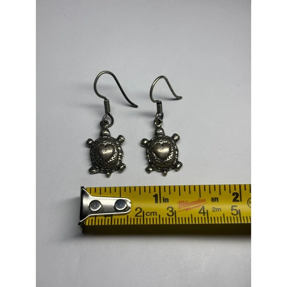 Vintage Sterling Silver 925 Earrings Turtle With Heart On Back Dangle Unique EFS